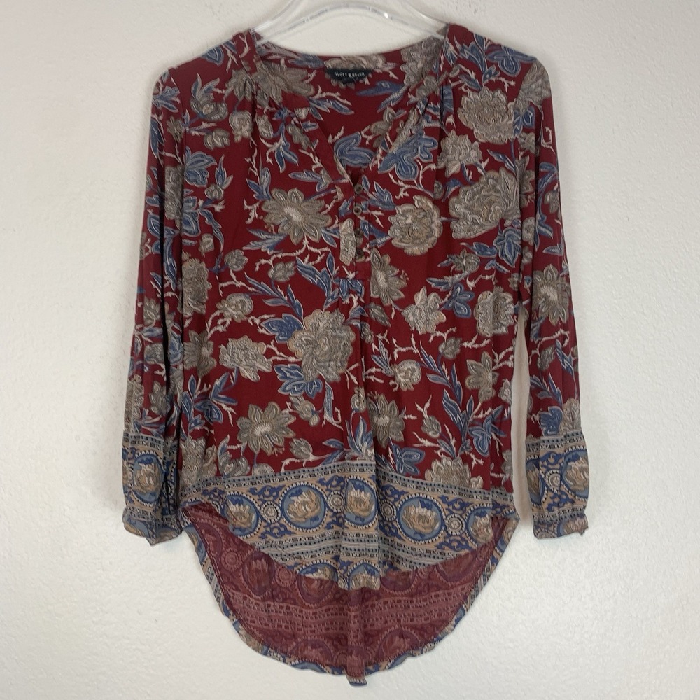 Lucky Brand Shirt Womens Small Pullover Boho Floral Hi-low Hem V-neck Top S